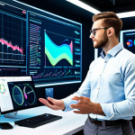 A professional male data analyst, wearing a modest business shirt and trousers, standing in a futuristic office environment. He is looking at and interacting with vibrant holographic data visualizations floating in the air, depicting complex marketing insights and trends. The background features sleek, modern computer monitors displaying charts and graphs. The scene conveys innovation and precision in marketing. Safe for work, appropriate content, fully clothed, professional dress, perfect anatomy, correct proportions, natural pose, well-formed hands, proper finger count, natural body proportions, high quality, professional photography.
