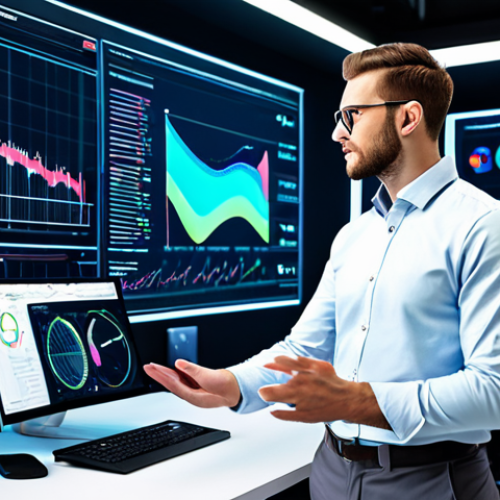 A professional male data analyst, wearing a modest business shirt and trousers, standing in a futuristic office environment. He is looking at and interacting with vibrant holographic data visualizations floating in the air, depicting complex marketing insights and trends. The background features sleek, modern computer monitors displaying charts and graphs. The scene conveys innovation and precision in marketing. Safe for work, appropriate content, fully clothed, professional dress, perfect anatomy, correct proportions, natural pose, well-formed hands, proper finger count, natural body proportions, high quality, professional photography.