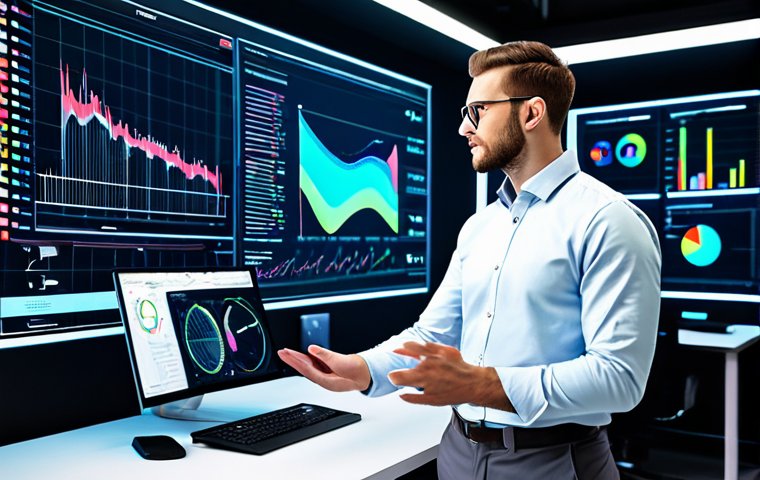 A professional male data analyst, wearing a modest business shirt and trousers, standing in a futuristic office environment. He is looking at and interacting with vibrant holographic data visualizations floating in the air, depicting complex marketing insights and trends. The background features sleek, modern computer monitors displaying charts and graphs. The scene conveys innovation and precision in marketing. Safe for work, appropriate content, fully clothed, professional dress, perfect anatomy, correct proportions, natural pose, well-formed hands, proper finger count, natural body proportions, high quality, professional photography.