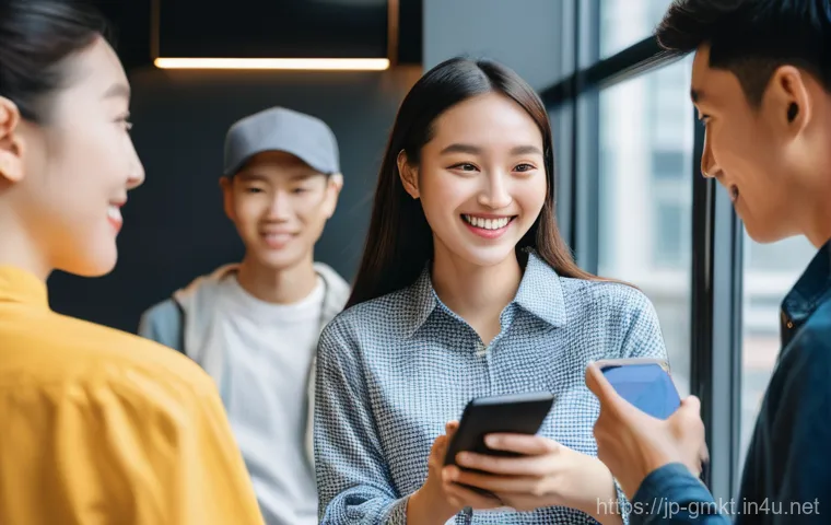 해외마케팅을 위한 SNS 활용법 - **프롬프트:** A vibrant, diverse group of young adults from various global backgrounds (e.g., East Asian...