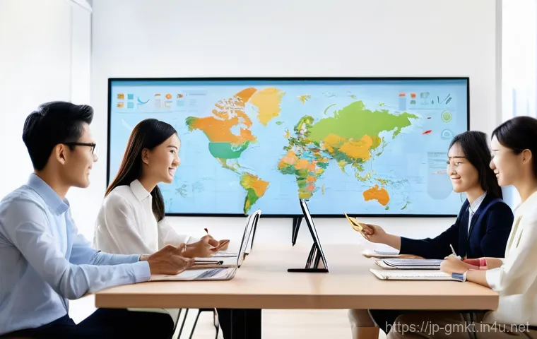 해외마케팅 실습과 인턴십 경험 공유 - **Prompt 1: Multicultural Marketing Brainstorm**
    "A vibrant, diverse team of young professionals...