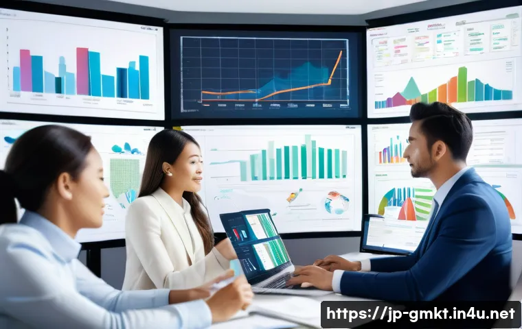 해외마케팅 프로모션 예산 관리 - A professional business setting showing a diverse international marketing team analyzing colorful di...