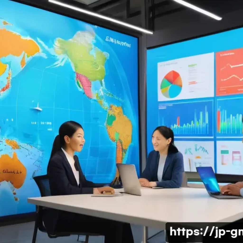 해외마케팅 입문자를 위한 가이드 - A professional business meeting scene in a modern office, featuring diverse international marketing ...