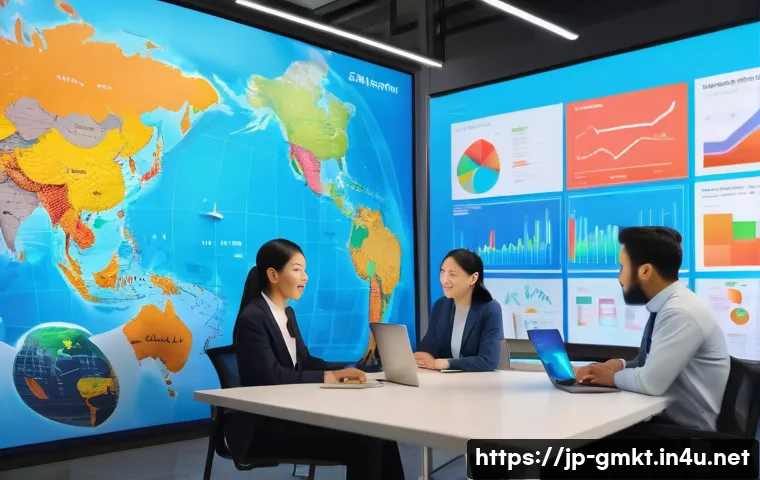 해외마케팅 입문자를 위한 가이드 - A professional business meeting scene in a modern office, featuring diverse international marketing ...