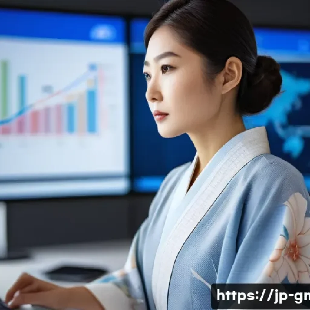 해외마케팅 자격증 종류 - A professional Japanese businesswoman in a modern office environment, analyzing global market data o...