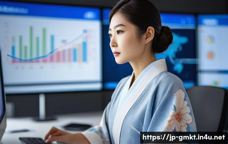 해외마케팅 자격증 종류 - A professional Japanese businesswoman in a modern office environment, analyzing global market data o...