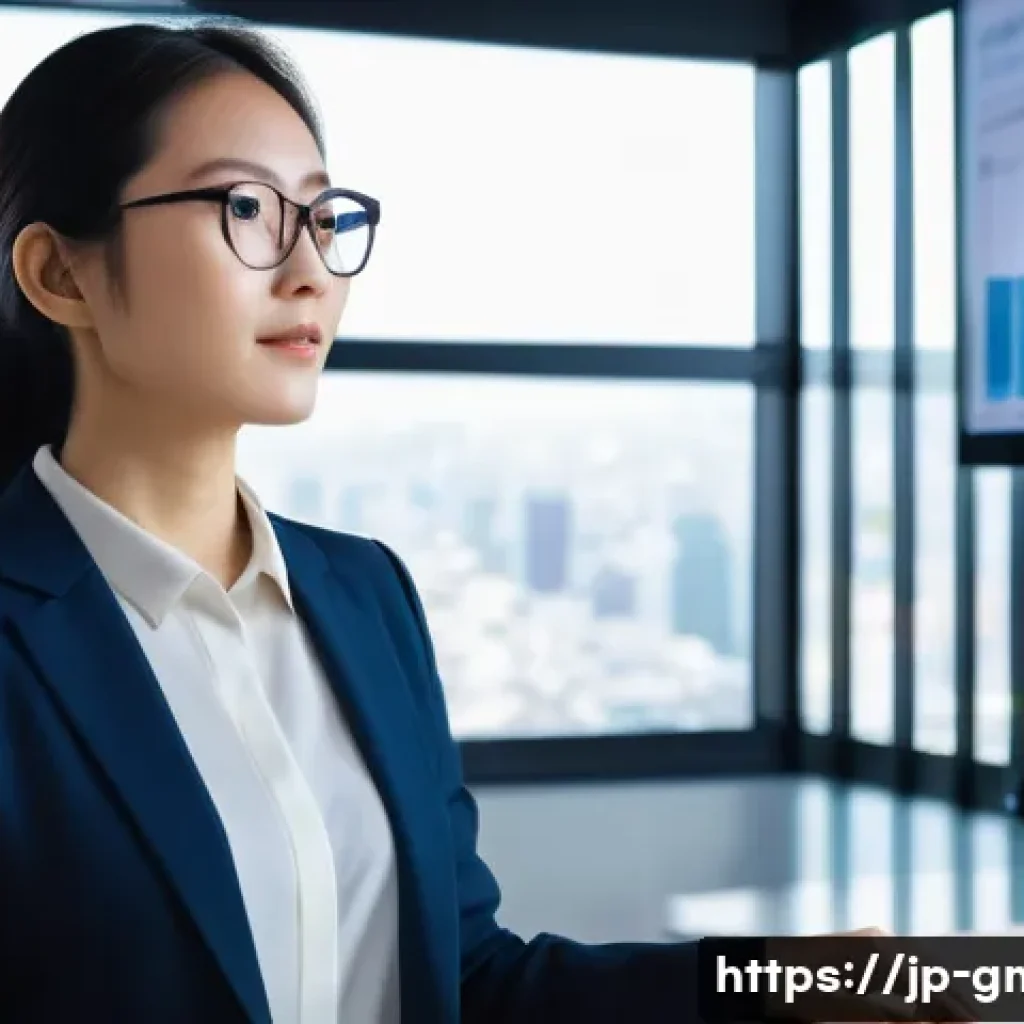 해외마케팅 이직 성공 사례 - A professional Japanese woman in her early 30s wearing smart business attire and glasses, confidentl...