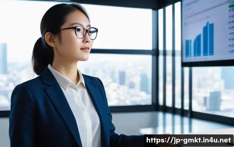해외마케팅 이직 성공 사례 - A professional Japanese woman in her early 30s wearing smart business attire and glasses, confidentl...