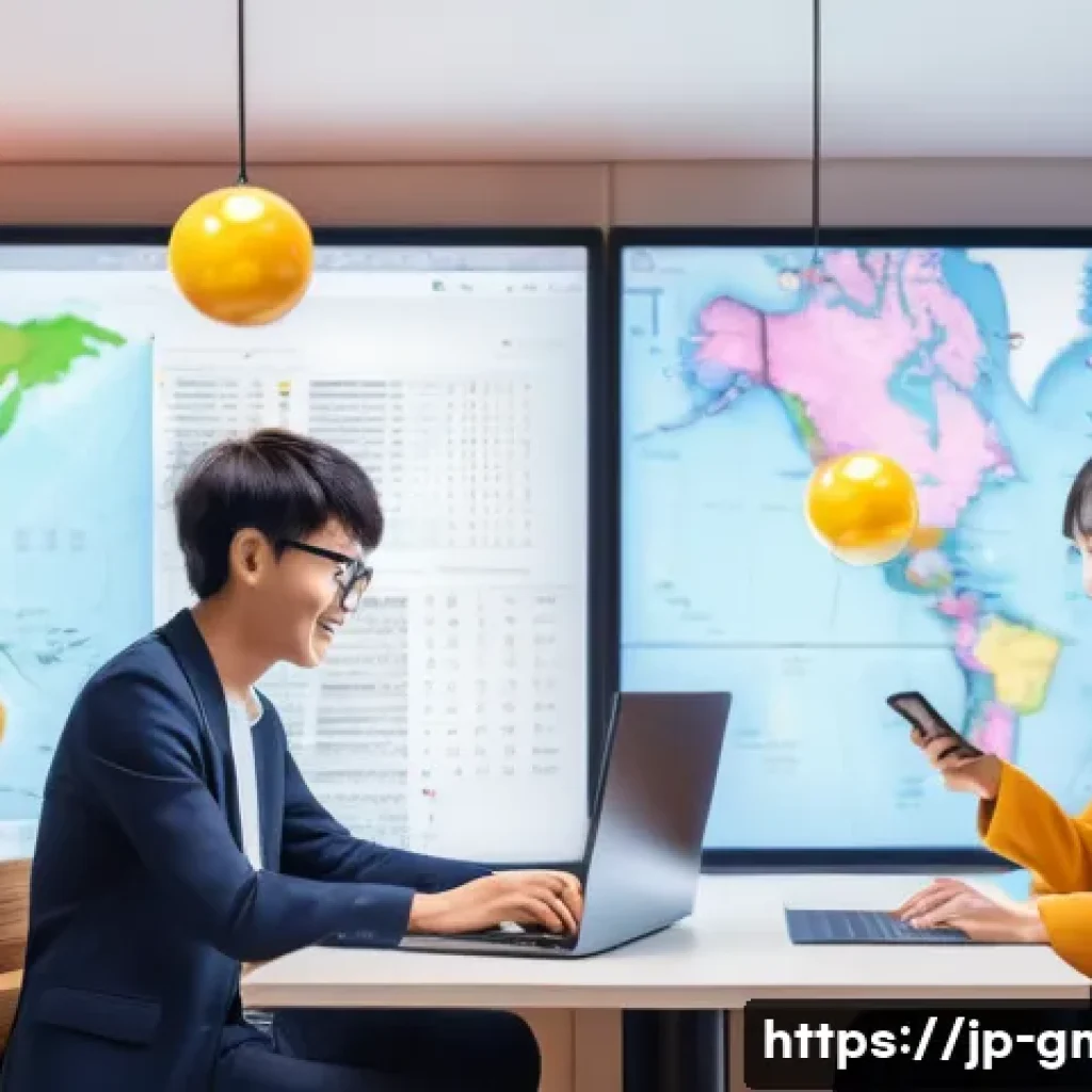 해외마케팅과 국제 경제 이슈 - A vibrant digital marketing scene showcasing a diverse team of Japanese professionals collaborating ...
