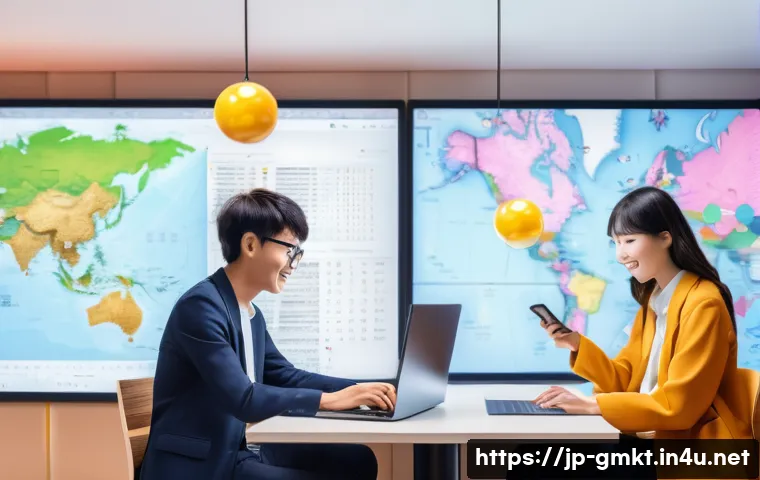 해외마케팅과 국제 경제 이슈 - A vibrant digital marketing scene showcasing a diverse team of Japanese professionals collaborating ...