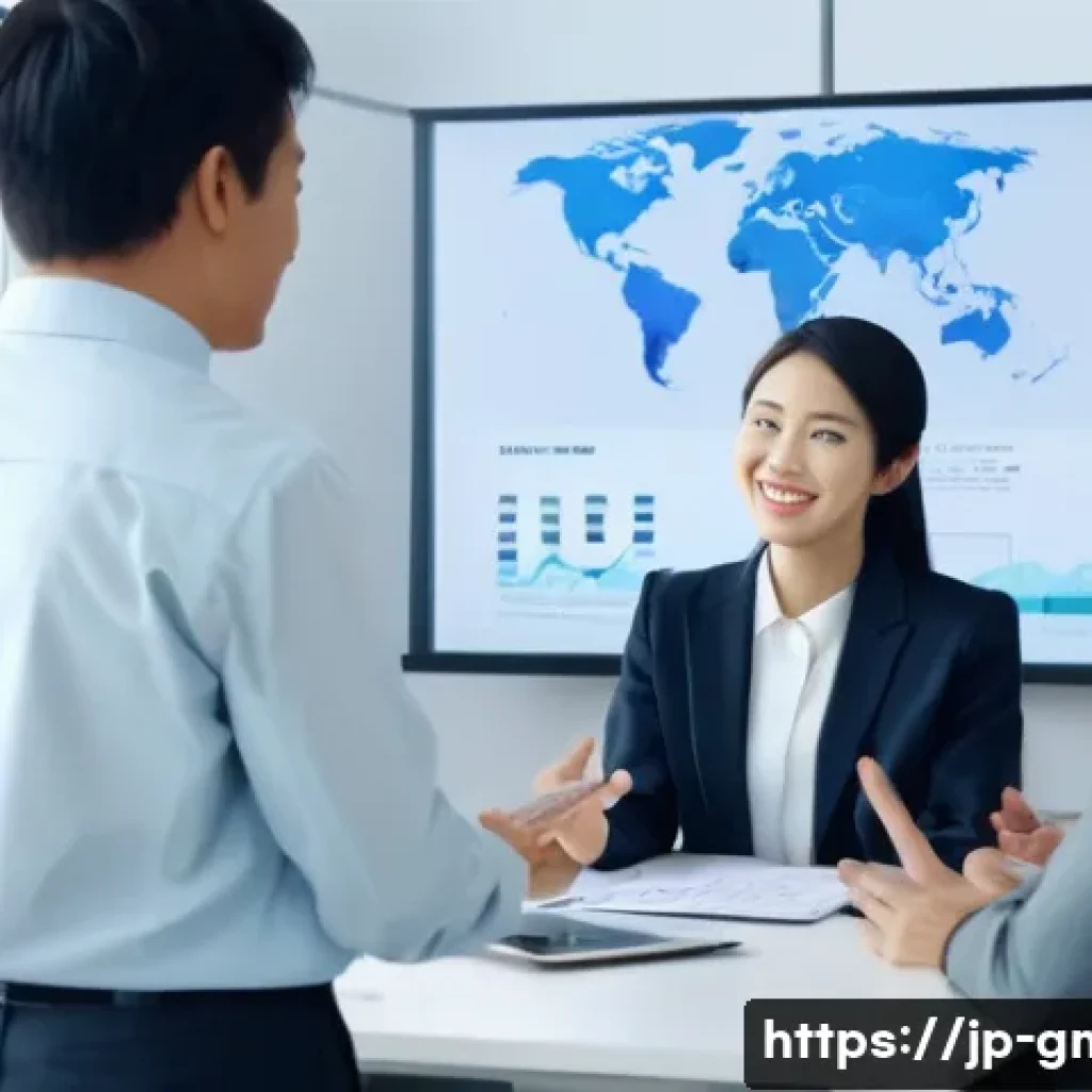 해외마케팅에서의 크로스컬처 커뮤니케이션 - A professional business meeting scene set in a modern, bright office, featuring a diverse multinatio...