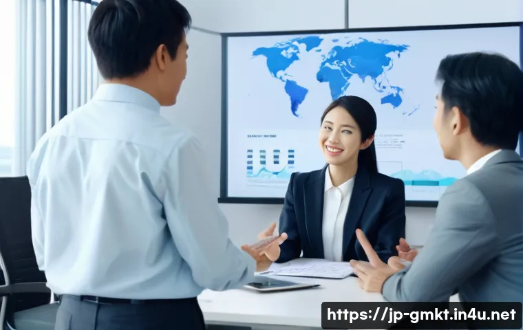 해외마케팅에서의 크로스컬처 커뮤니케이션 - A professional business meeting scene set in a modern, bright office, featuring a diverse multinatio...