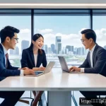해외마케팅 분야의 전문성 개발 계획 - A modern office scene showing a diverse multicultural marketing team collaborating around a large di...