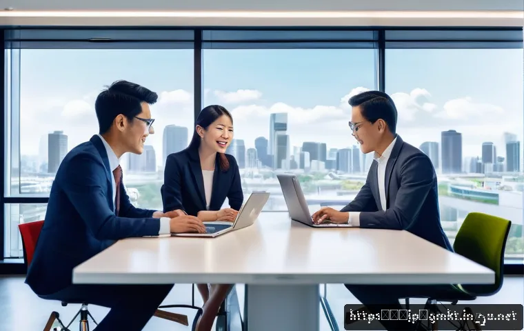 해외마케팅 분야의 전문성 개발 계획 - A modern office scene showing a diverse multicultural marketing team collaborating around a large di...