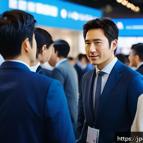 해외마케팅 이벤트 참여 후기 - A professional networking scene at an international marketing event, featuring diverse business peop...