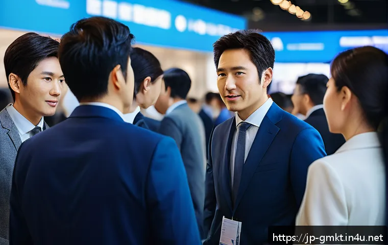 해외마케팅 이벤트 참여 후기 - A professional networking scene at an international marketing event, featuring diverse business peop...