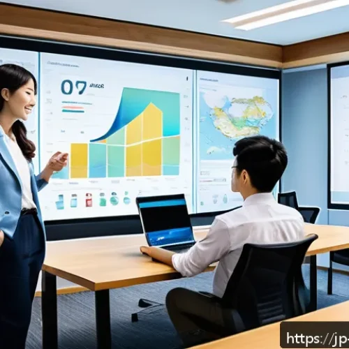 해외마케팅 컨설팅 프로젝트 수행 사례 - A professional marketing team collaborating in a modern office setting, diverse members of various A...