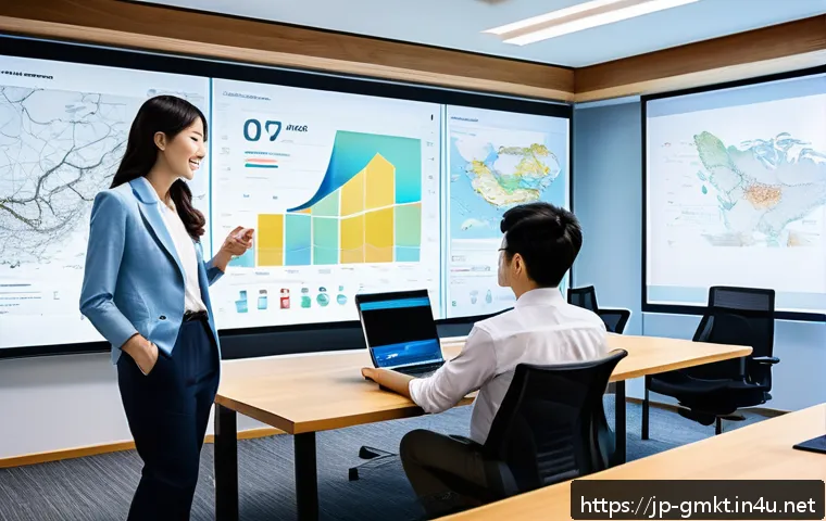 해외마케팅 컨설팅 프로젝트 수행 사례 - A professional marketing team collaborating in a modern office setting, diverse members of various A...