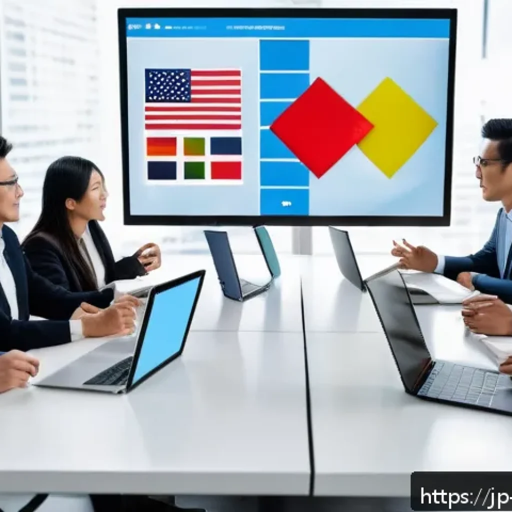 해외마케팅 매출 목표 설정 및 관리 - A professional international marketing team meeting in a modern office, featuring diverse members di...