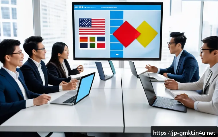 해외마케팅 매출 목표 설정 및 관리 - A professional international marketing team meeting in a modern office, featuring diverse members di...