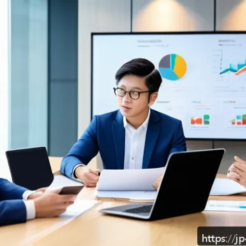해외마케팅 제품 현지화 사례 - A professional multicultural marketing team meeting in a modern conference room, diverse group of Ja...