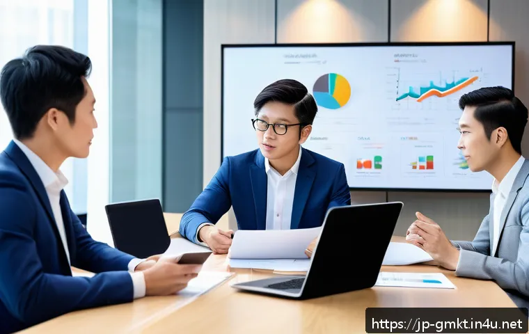 해외마케팅 제품 현지화 사례 - A professional multicultural marketing team meeting in a modern conference room, diverse group of Ja...