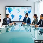 해외마케팅 팀 빌딩 및 협업 기술 - A diverse international marketing team engaged in a vibrant video conference, showing a multiethnic ...