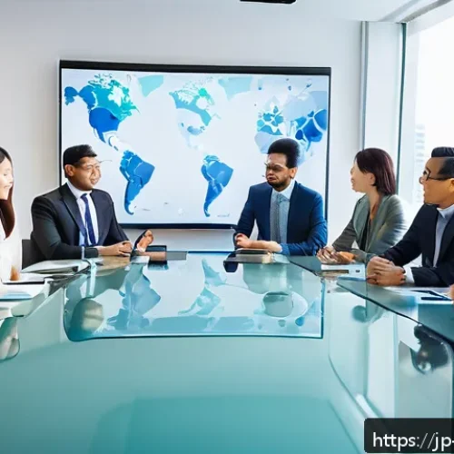 해외마케팅 팀 빌딩 및 협업 기술 - A diverse international marketing team engaged in a vibrant video conference, showing a multiethnic ...