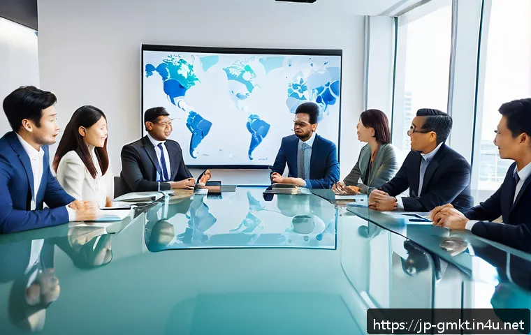해외마케팅 팀 빌딩 및 협업 기술 - A diverse international marketing team engaged in a vibrant video conference, showing a multiethnic ...