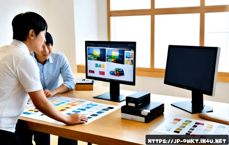 해외마케팅 크리에이티브 콘텐츠 제작 - Photorealistic international marketing creative team collaborating in a bright Tokyo-style studio, d...